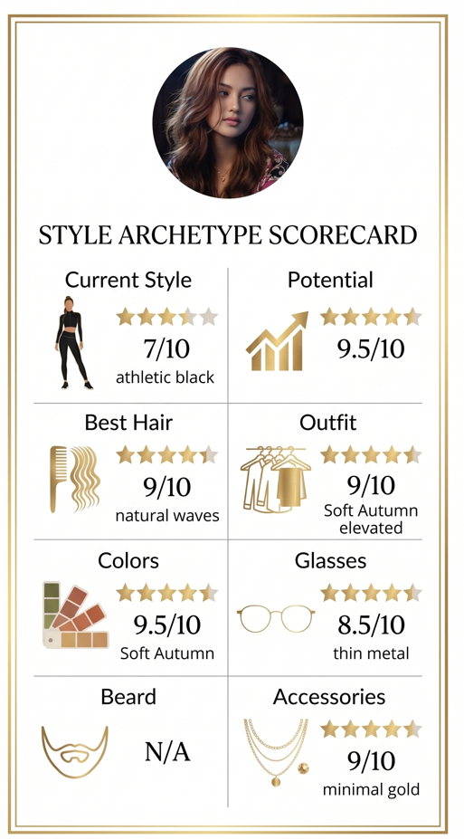 Pure white luxury scorecard board with elegant gold border. Small circular portrait of the exact same East Asian woman from reference (long wavy dark brown hair with caramel highlights, medium warm golden skin, dark brown eyes, soft oval face) at the top