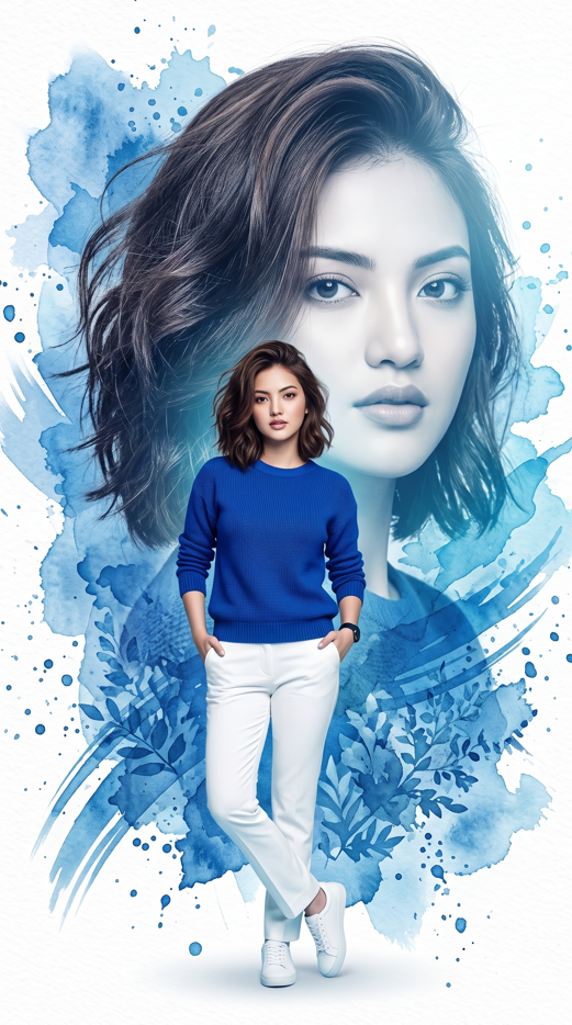 Hyper-realistic IMAX-level Netflix-style cinematic blue watercolor double-exposure fashion portrait, 9:16 vertical