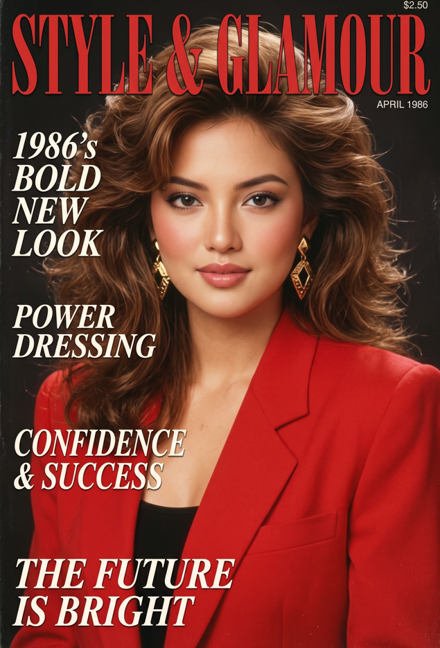 A vintage 1980s glossy celebrity magazine cover, editorial fashion photography reproduced as a full-cover layout. Nostalgic retro print aesthetic — warm analog film look