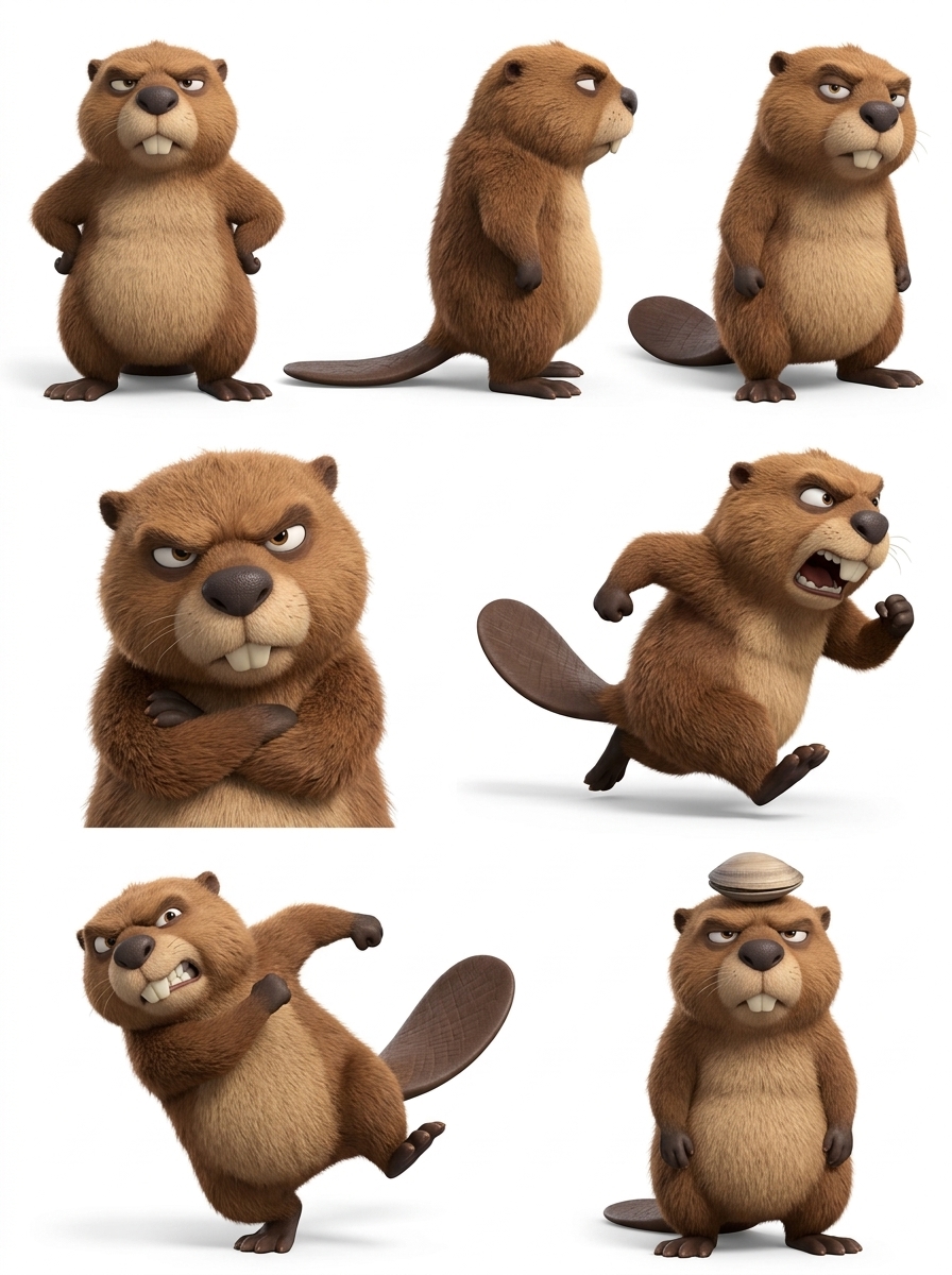Character reference sheet of the grumpy brown otter with beaver-like features from the unlucky frog slapstick comedy