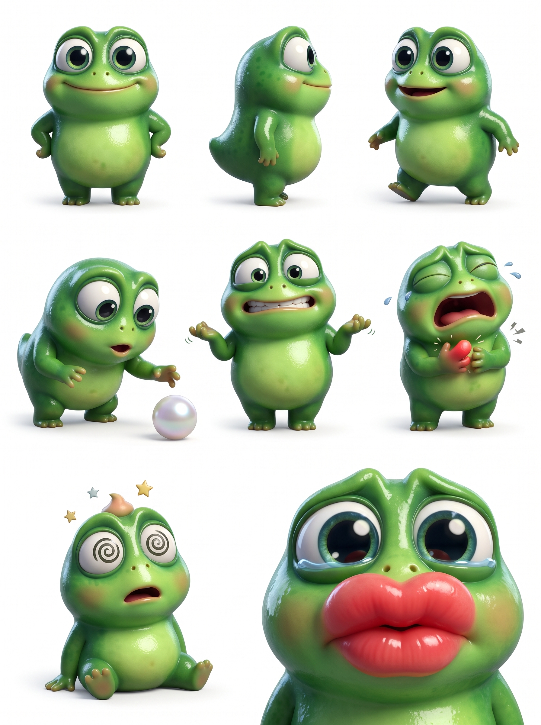 Character reference sheet of the green frog from the unlucky frog slapstick comedy
