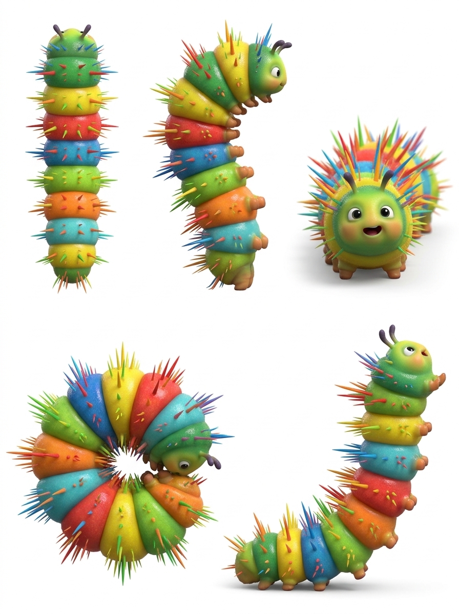 Character reference sheet of the colorful spiky caterpillar from the unlucky frog slapstick comedy