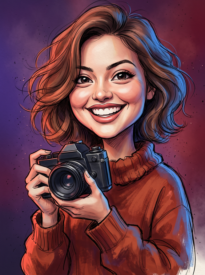 An ultra-recognizable extreme caricature portrait of the smiling young female photographer in the image holding a vintage black camera