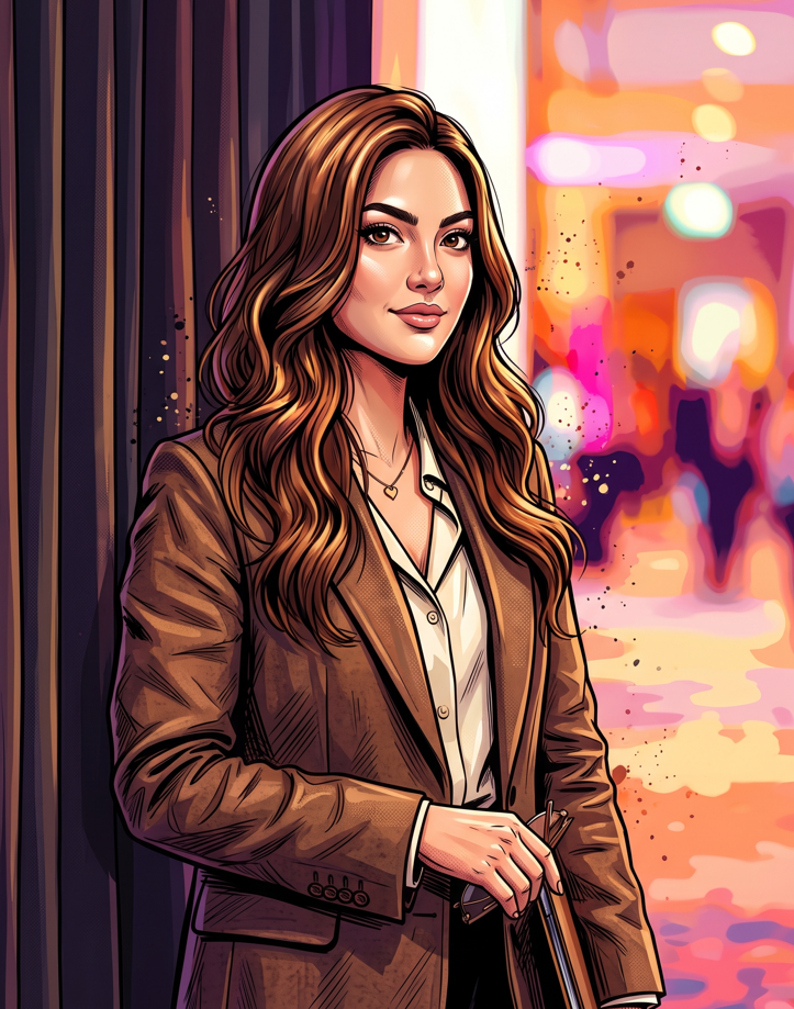 Bold comic illustration style, semi-realistic caricature, clean thick black outline, sharp facial shading, detailed skin texture, dramatic highlights and shadows