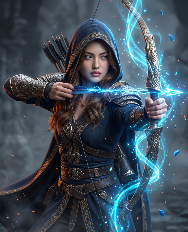 Create an ultra-realistic cinematic fantasy poster of a beautiful young adult female warrior archer wearing a dark navy-blue hooded outfit with intricate golden embroider