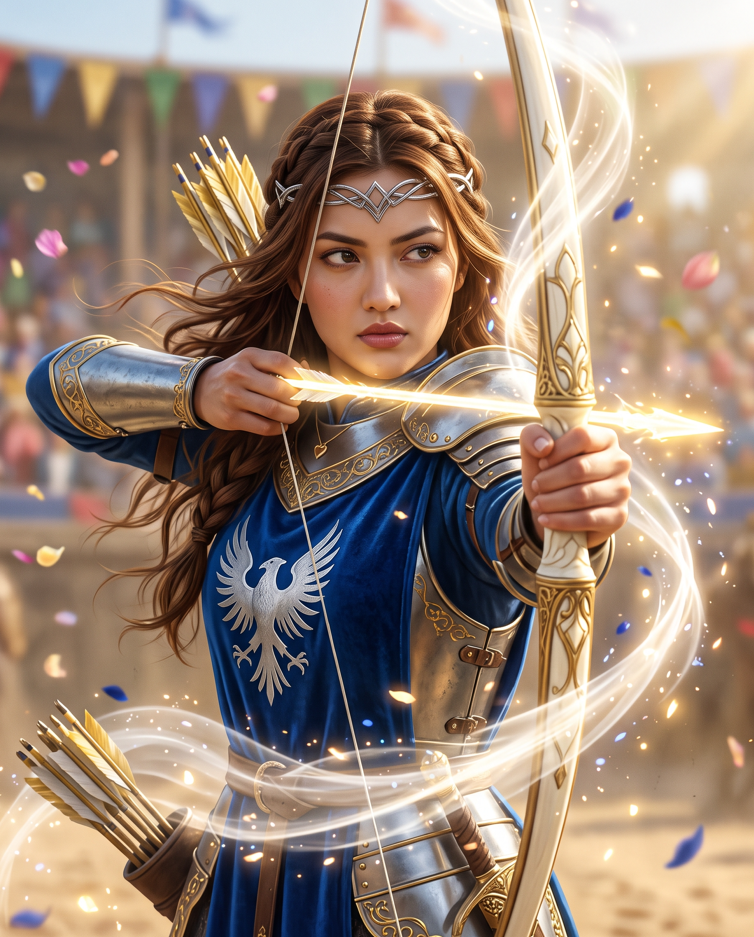 Create an ultra-realistic cinematic fantasy poster of a beautiful young adult female warrior archer wearing a dark navy-blue hooded outfit with intricate golden embroider