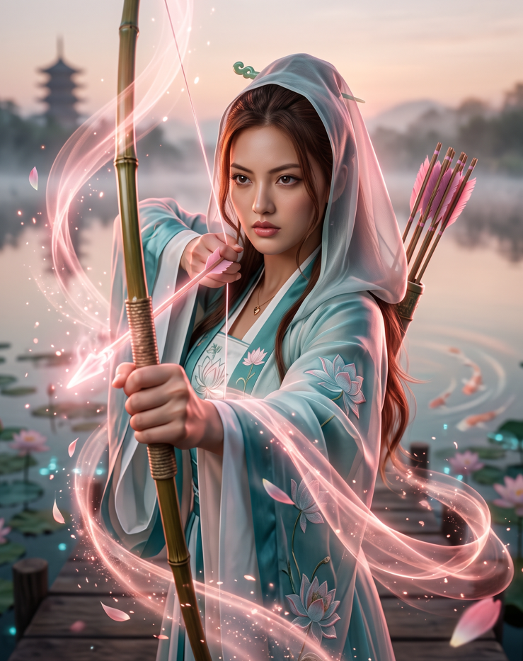 Create an ultra-realistic cinematic fantasy poster of a beautiful young adult female warrior archer wearing a dark navy-blue hooded outfit with intricate golden embroider