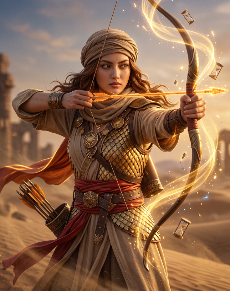Create an ultra-realistic cinematic fantasy poster of a beautiful young adult female warrior archer wearing a dark navy-blue hooded outfit with intricate golden embroider