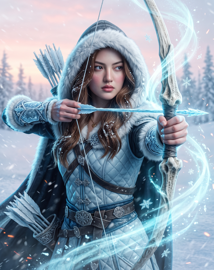 Create an ultra-realistic cinematic fantasy poster of a beautiful young adult female warrior archer wearing a dark navy-blue hooded outfit with intricate golden embroider