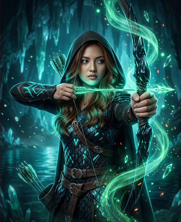 Create an ultra-realistic cinematic fantasy poster of a beautiful young adult female warrior archer wearing a dark navy-blue hooded outfit with intricate golden embroider