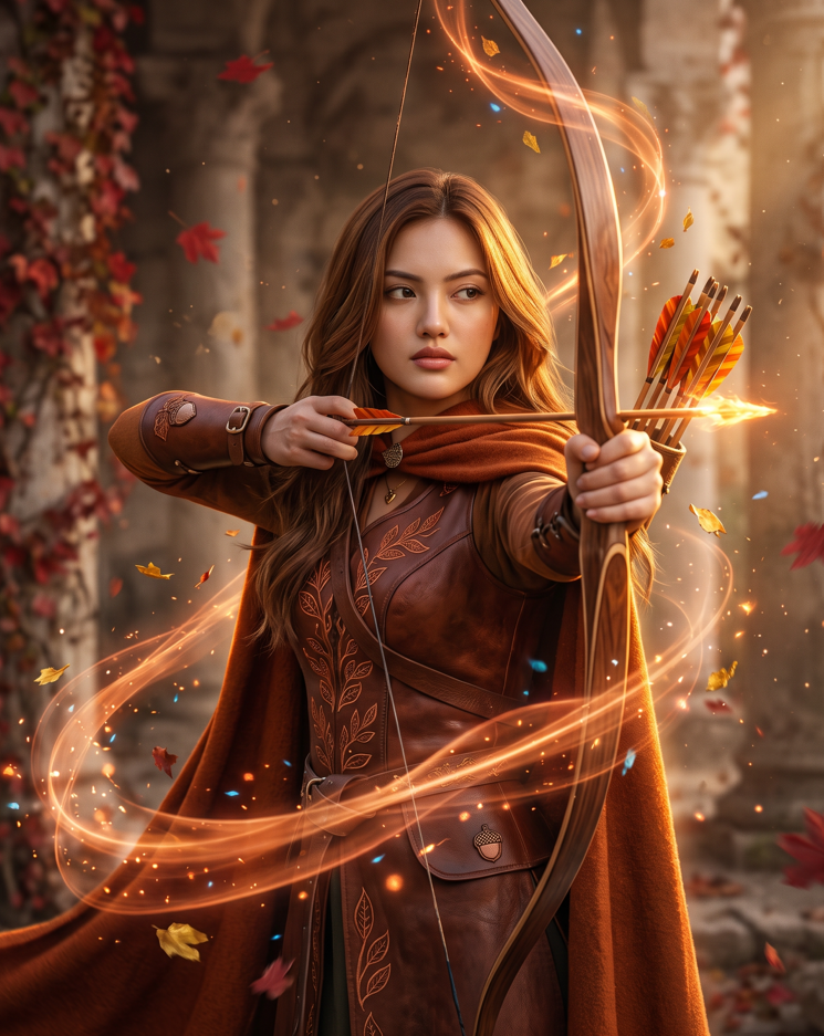 Create an ultra-realistic cinematic fantasy poster of a beautiful young adult female warrior archer wearing a dark navy-blue hooded outfit with intricate golden embroider
