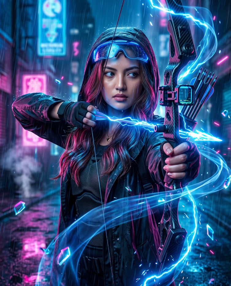 Create an ultra-realistic cinematic fantasy poster of a beautiful young adult female warrior archer wearing a dark navy-blue hooded outfit with intricate golden embroider