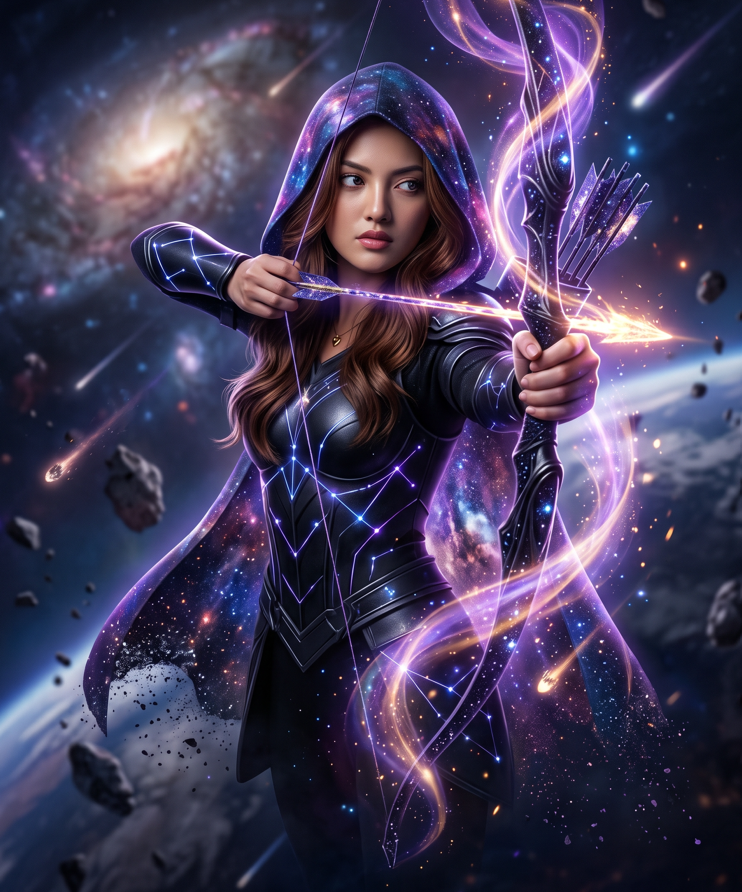 Create an ultra-realistic cinematic fantasy poster of a beautiful young adult female warrior archer wearing a dark navy-blue hooded outfit with intricate golden embroider