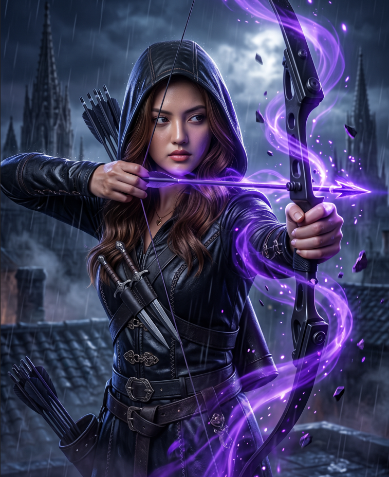 Create an ultra-realistic cinematic fantasy poster of a beautiful young adult female warrior archer wearing a dark navy-blue hooded outfit with intricate golden embroider