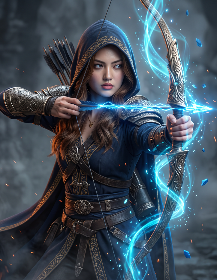 Create an ultra-realistic cinematic fantasy poster of a beautiful young adult female warrior archer wearing a dark navy-blue hooded outfit with intricate golden embroider