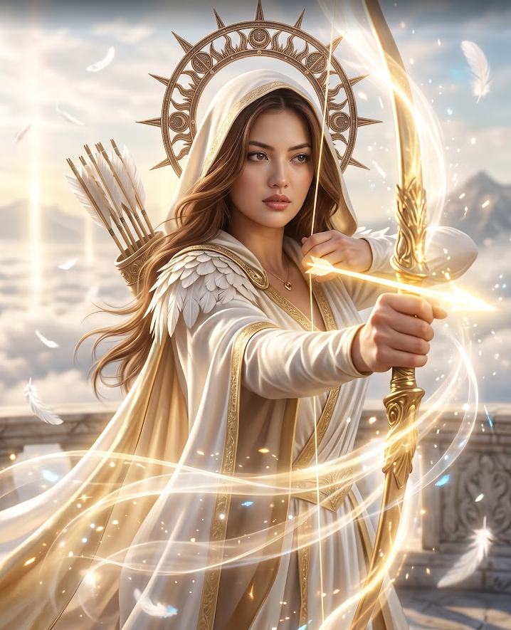Create an ultra-realistic cinematic fantasy poster of a beautiful young adult female warrior archer wearing a dark navy-blue hooded outfit with intricate golden embroider